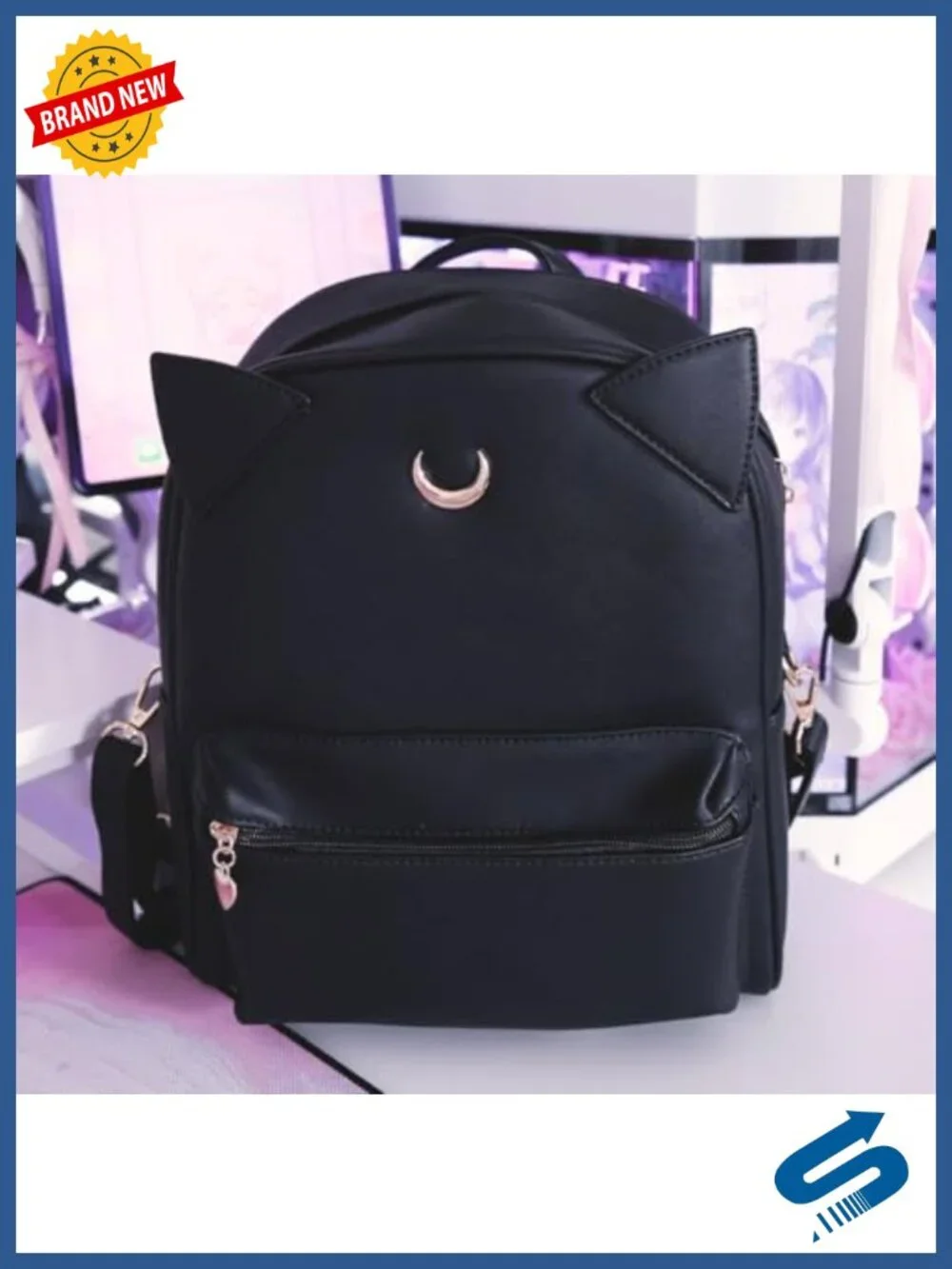 Kawaii Cat Ear Backpack Faux Leather Women Anime Book Bag Adjustable Strap